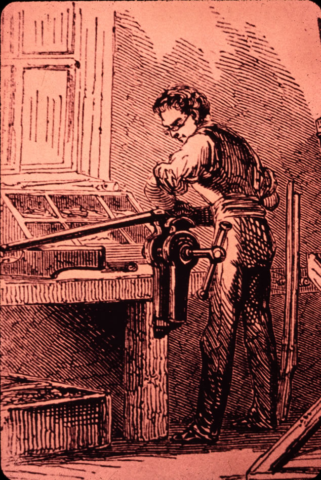 An armory worker straightens a barrel in this illustration.
